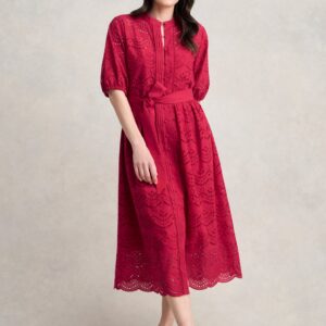 Cotton Broderie Dress - Brick Red