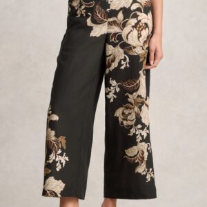 Printed Wide Leg Pant - Black Foliage Print
