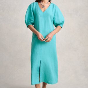 Raglan Sleeve Linen Dress - Aqua Blue